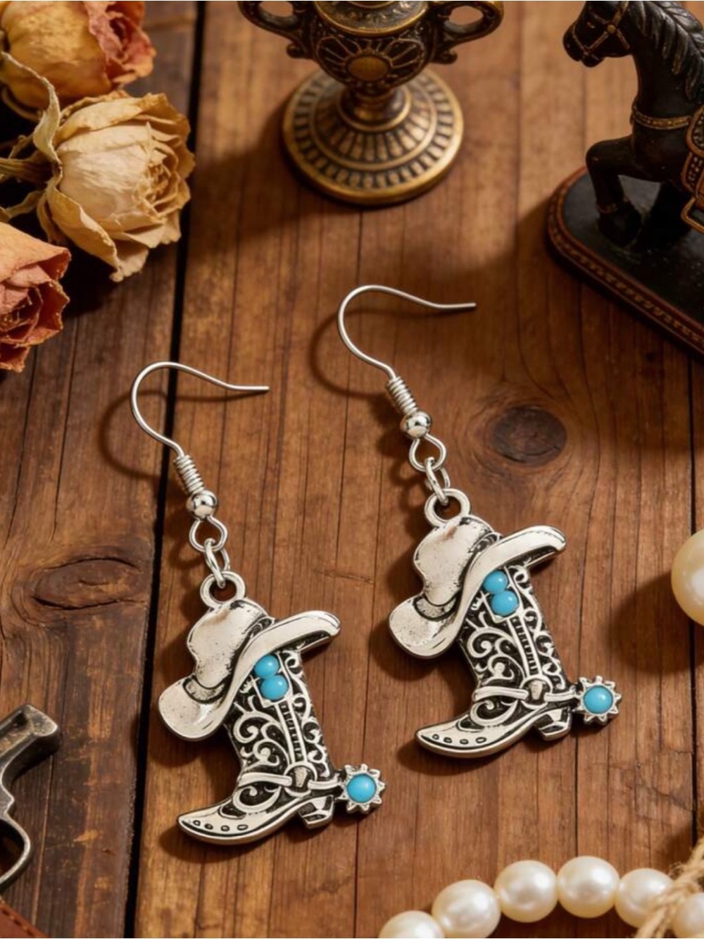 Turquoise Accent Cowboy Boot Dangle Earrings